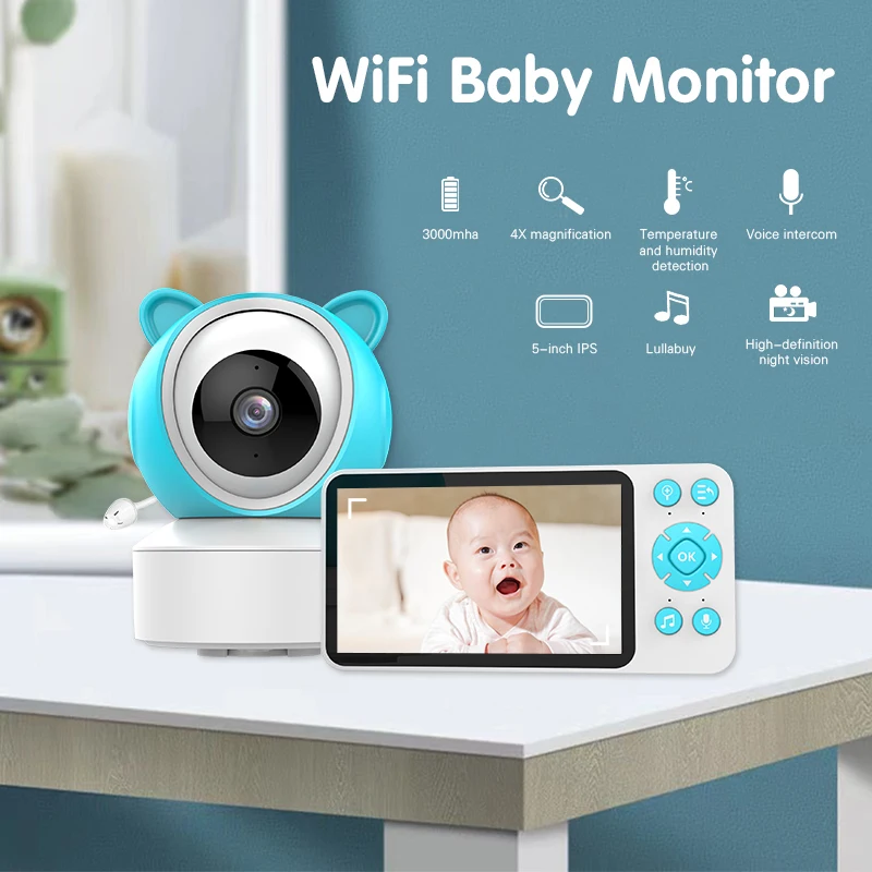 wholesaleTuya wireless 1080p wifi app controlled  cry detection with screen 5inch baby monitor camera two-way audio