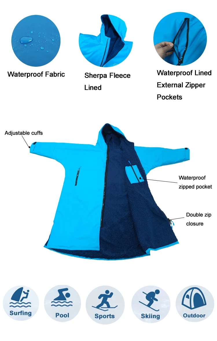 Custom Waterproof Coat Long Sleeve Dry parka swim jacket Surf Robe With Inside Fleece Lining parka swim jacket