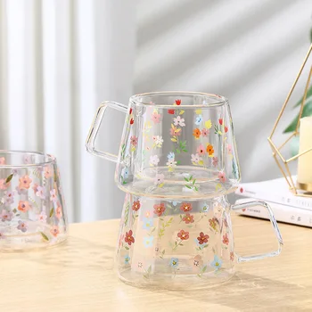 56H New transparent high borosilicate glass floral with handle breakfast milk double insulation coffee cups