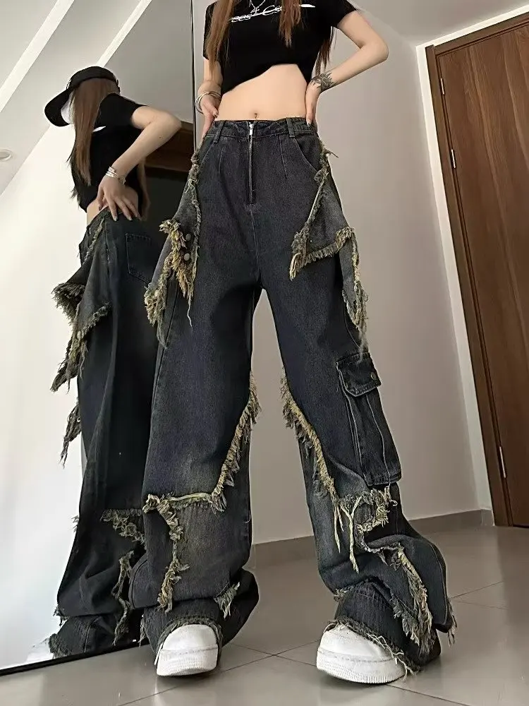 American Vintage Mid Loose Slim Denim Jeans Women Spring Design Frayed Hems Floor-Length Straight-Leg Wide-Leg Trendy Pants manufacture