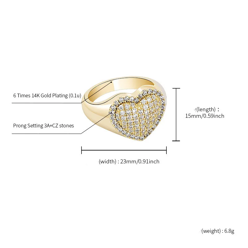 Unique design heart shape rings women jewelry shiny finger ring rose gold color iced out hip hop full diamond girl rings
