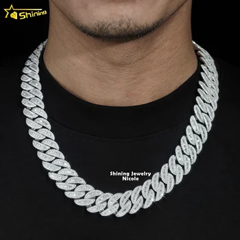 Luxury Hip Hop Style Baguette Diamond 19MM Miami Cuban Link Necklace 925 Sterling Silver Moissanite Cuban Chain