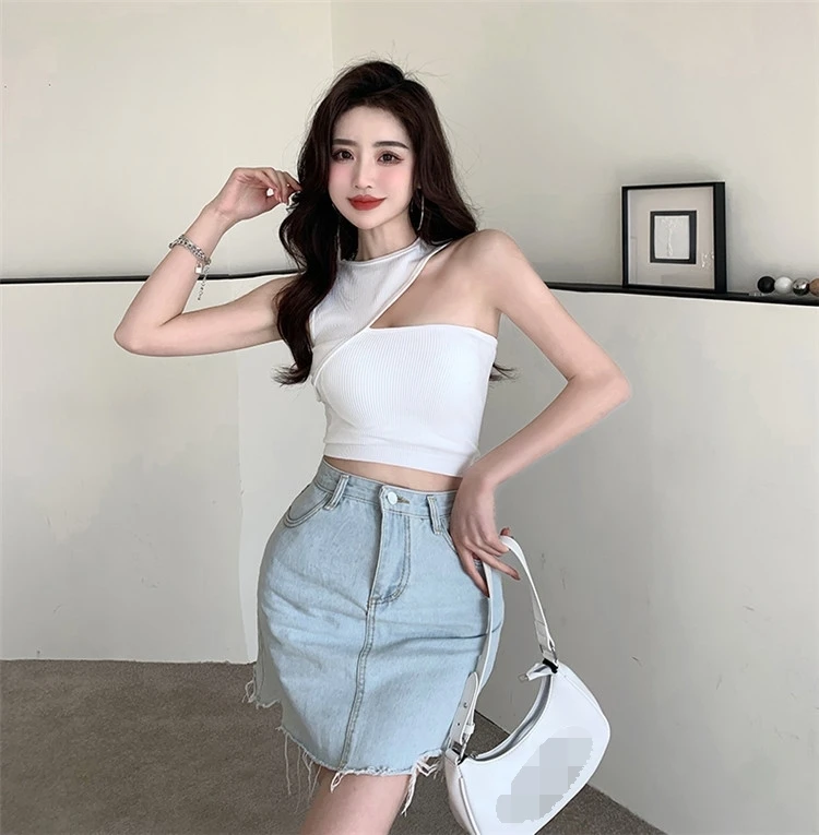 Women Knit Tops Vest Female Knitted Irregular Off Shoulder Crop Tops O-neck Solid Color New Fashion Sexy Tank Tops Vest