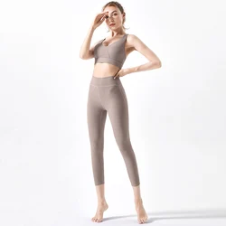 Manufacturer Wholesale U-Shaped Neckline High Waist Cross Beauty Back 2 Piece Seamless Yoga Set Women