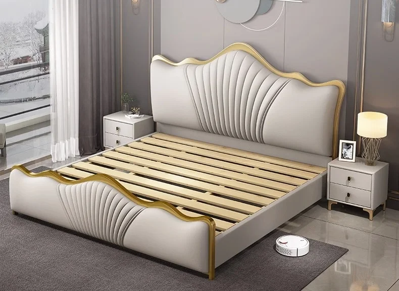 New Designs Luxury King Size Modern Leather Bed with Gold Stainless Steel Frame High Double Bed Upholstered Leather Headboard