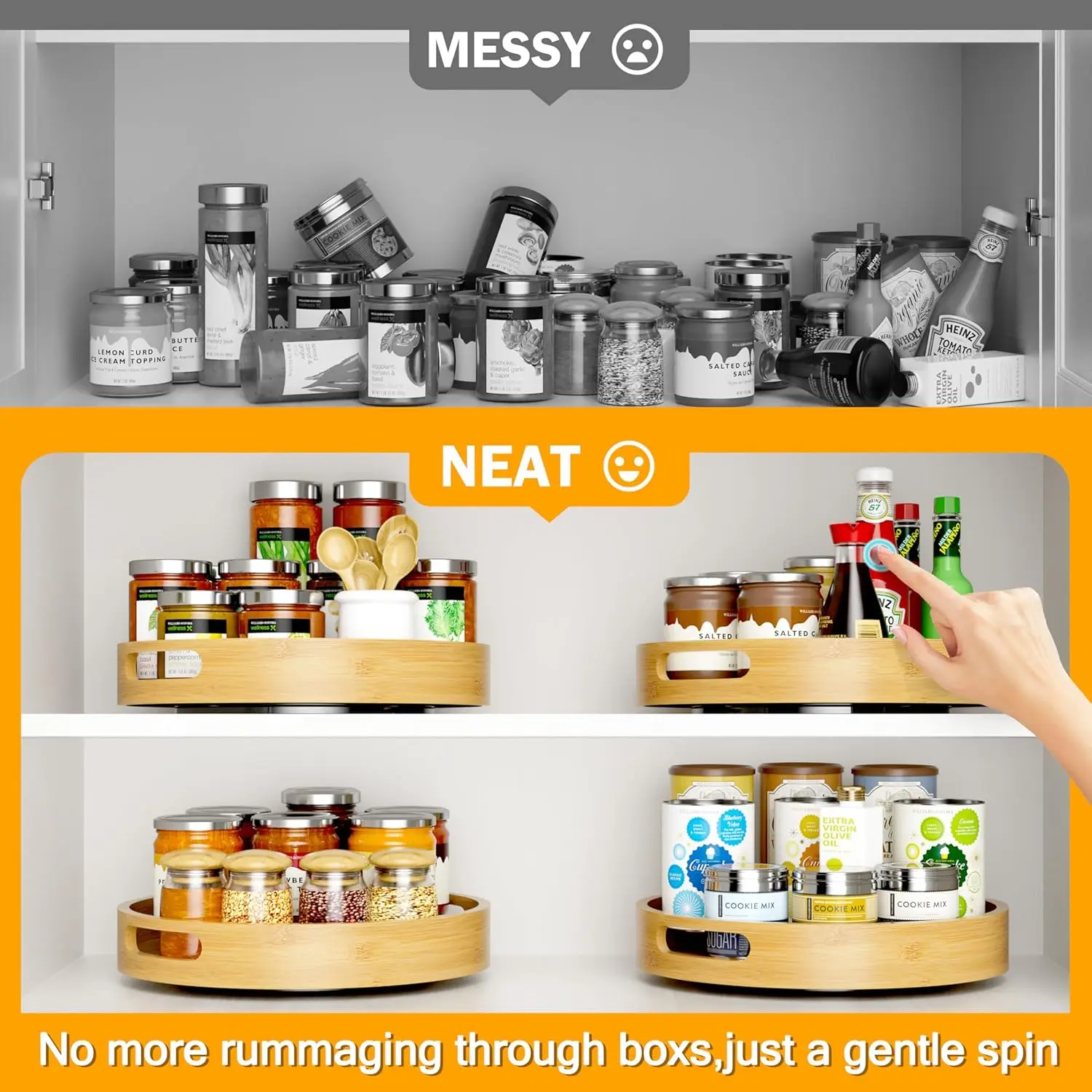 product bamboo lazy susan organizer non skid kitchen rotating spice rack wood turntable kitchen cabinet storage shelves-11