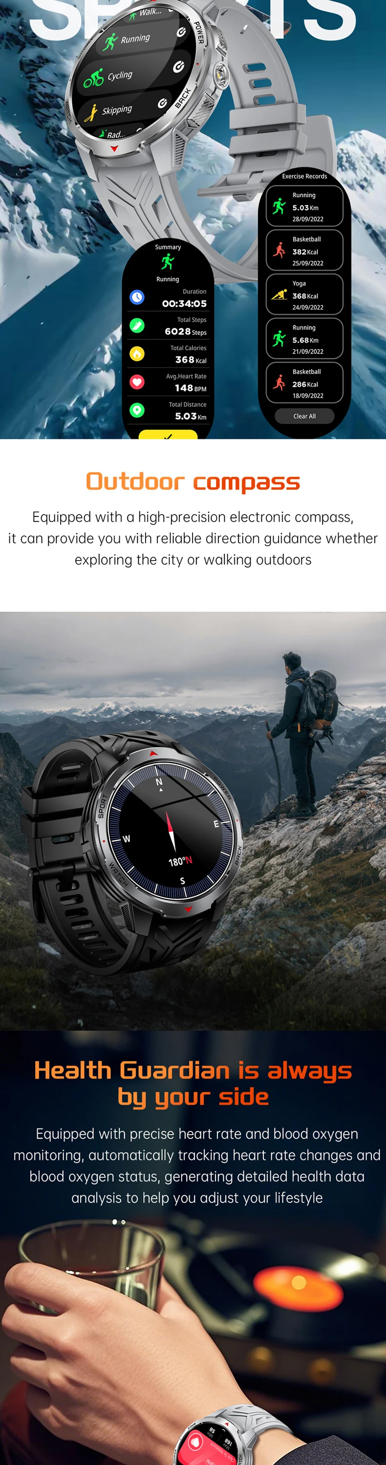 product cheap 3atm waterproof large screen smart watch kt88 with led flashlight 1100mah battery app dafit phone call custom watch faces-8