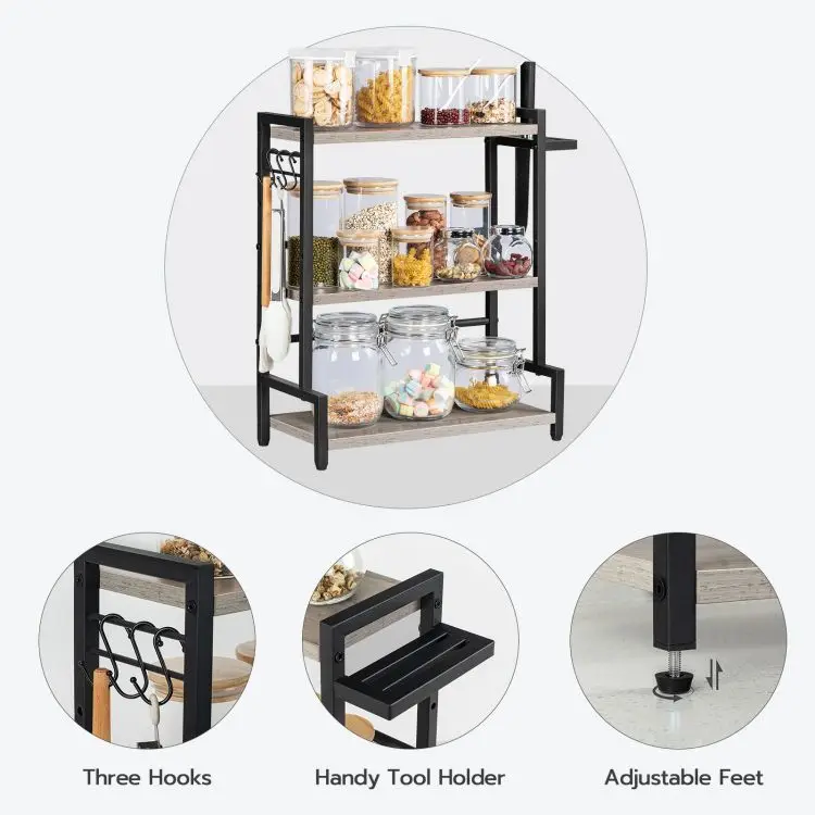 Wholesale Industrial Style Kitchen Storage Organizer Wooden Metal 2/3 Tier Spice Rack with 3 Hooks Spice Rack with Knife Holder