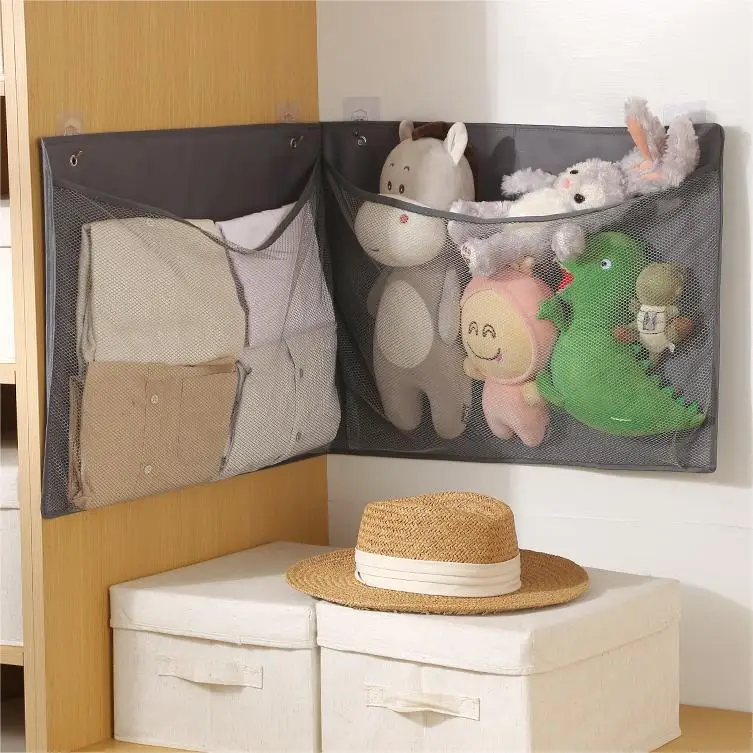 Hanging Stuffed Animal Storage bag Large Plush Toy Organizer with Hooks Kids Toy Storage Pockets Mesh