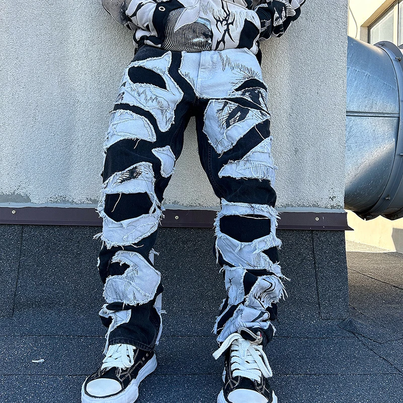Custom Vintage Streetwear Jeans with 3D Print and Distressed Patch Slim Fit Hip Hop Denim Pants