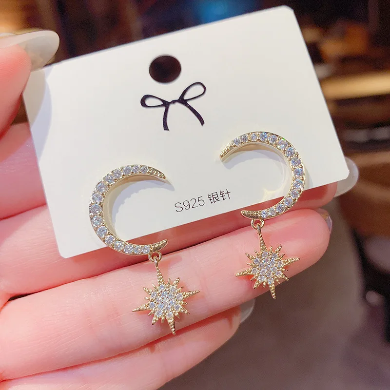 Trending Wholesale Korean Fashion Accessories Jewelry Creative Pink Zircon  Moon And Star Stud Sweet Girls Earrings - Buy Moon And Star Stud 