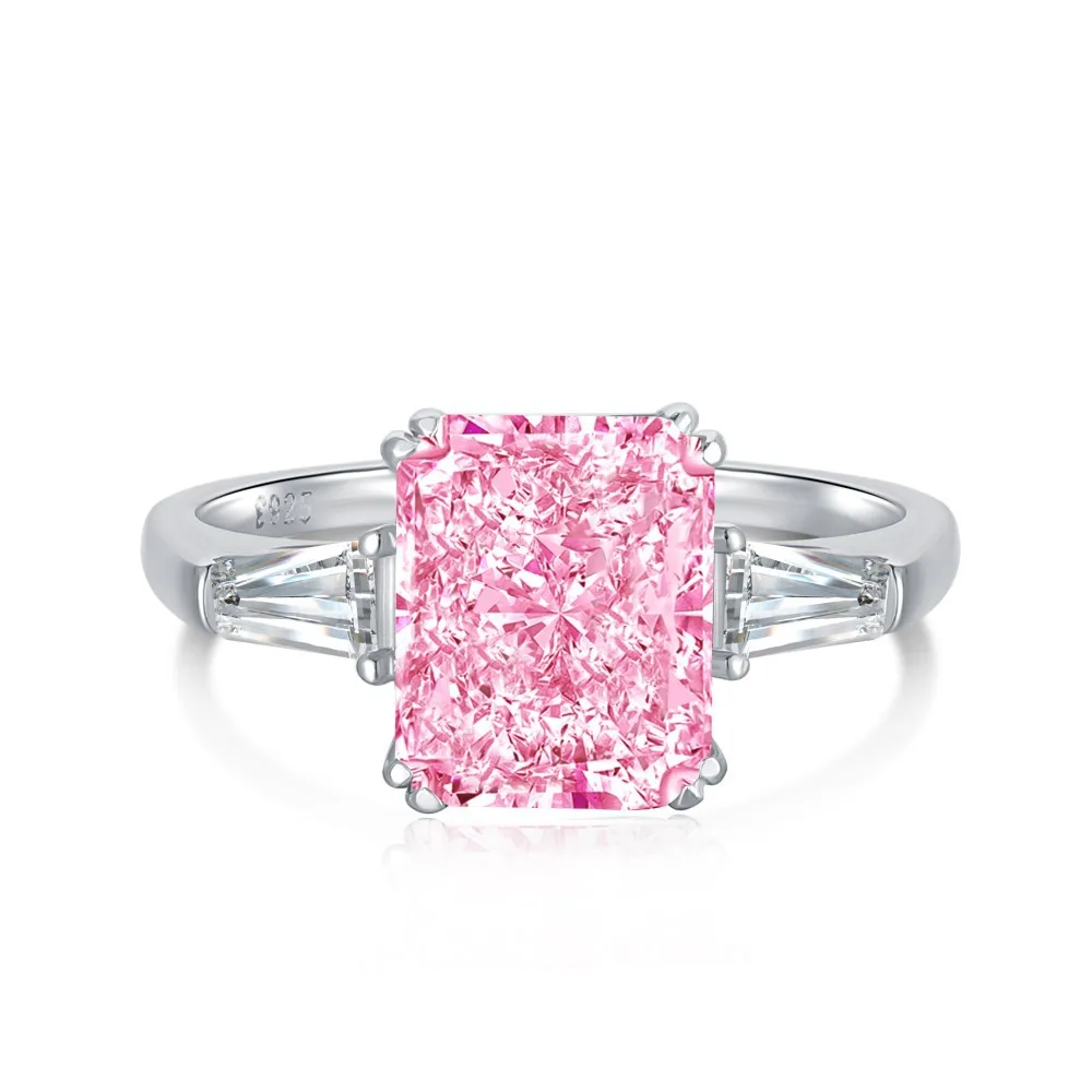 Top Sale Pink Silver Jewelry 925 Sterling Rings Engagement Ice Cut 8A Stone Emerald Cut 925 Silver Ring for Women