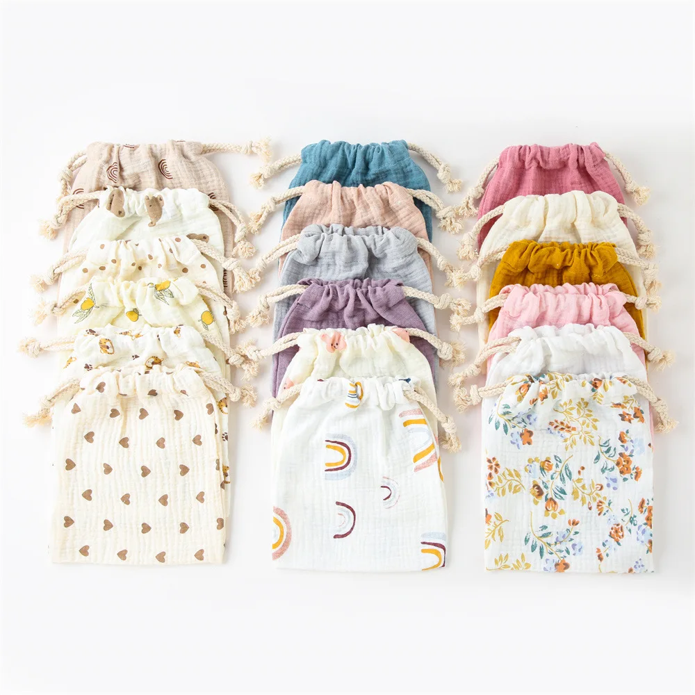 Personalized Muslin Baby Bag Teething Toys Bag Double Cotton Muslin Fabric Baby Muslin Drawstring Bag for Baby Shower Gifts