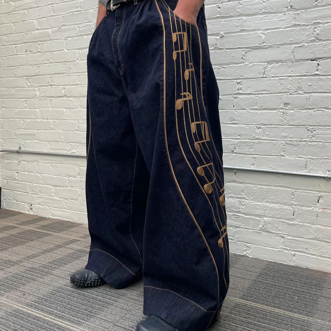product custom men100cotton two tone raw denim wide leg jeans oversized vintage washed embroidered streetwear denim long pantsoem-2