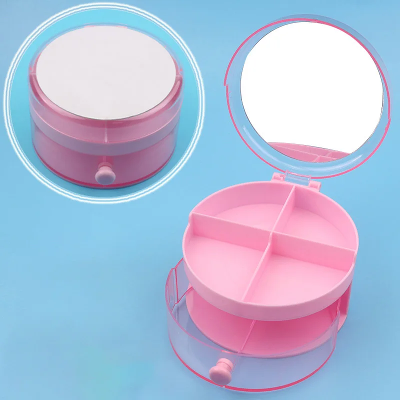 Small round Plastic Jewelry Box Organizer with Makeup Mirror Multifunction Hair Accessories Storage for Sundries