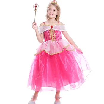 2022 New Rose Red Halloween Sleeping Beauty Princess Dress with Crown, Magic Wand, Cape and Oversleeve for Girls
