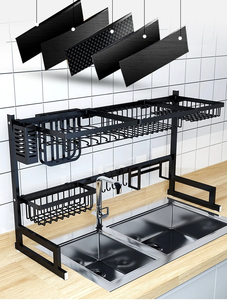 Black Color Modern Kitchen 2 Tiers Stainless Steel Dish Drying Rack Dish Storage Shelf Dish Drain Rack