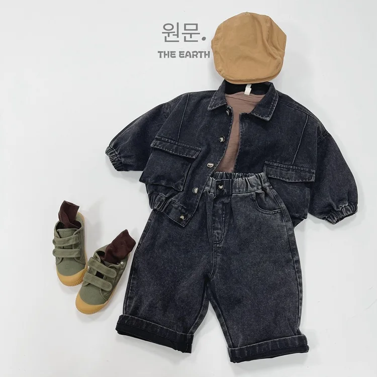 Kids Denim Jacket Autumn New Unisex By And Girl Solid Color Cardigan Coat Jacket Vintage Denim Tops Long Sleeve Loose Top Child
