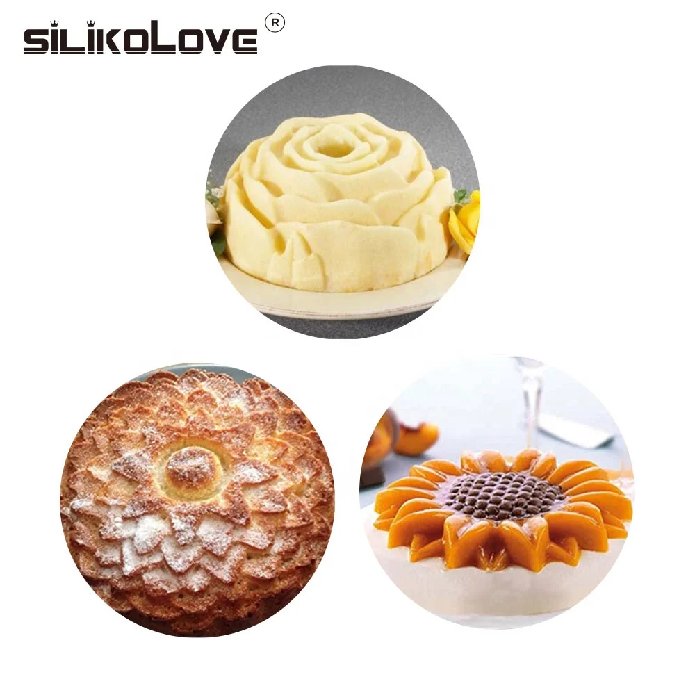 3 Pack flower shape silicone cake bread pie flan tart molds Sunflower Chrysanthemum Rose shape Non-Stick baking trays