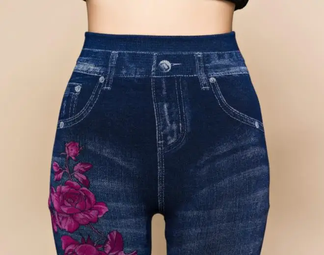 Hot-selling denim jeans women ripped scrunch fitness leggings flower printing slim jeggings