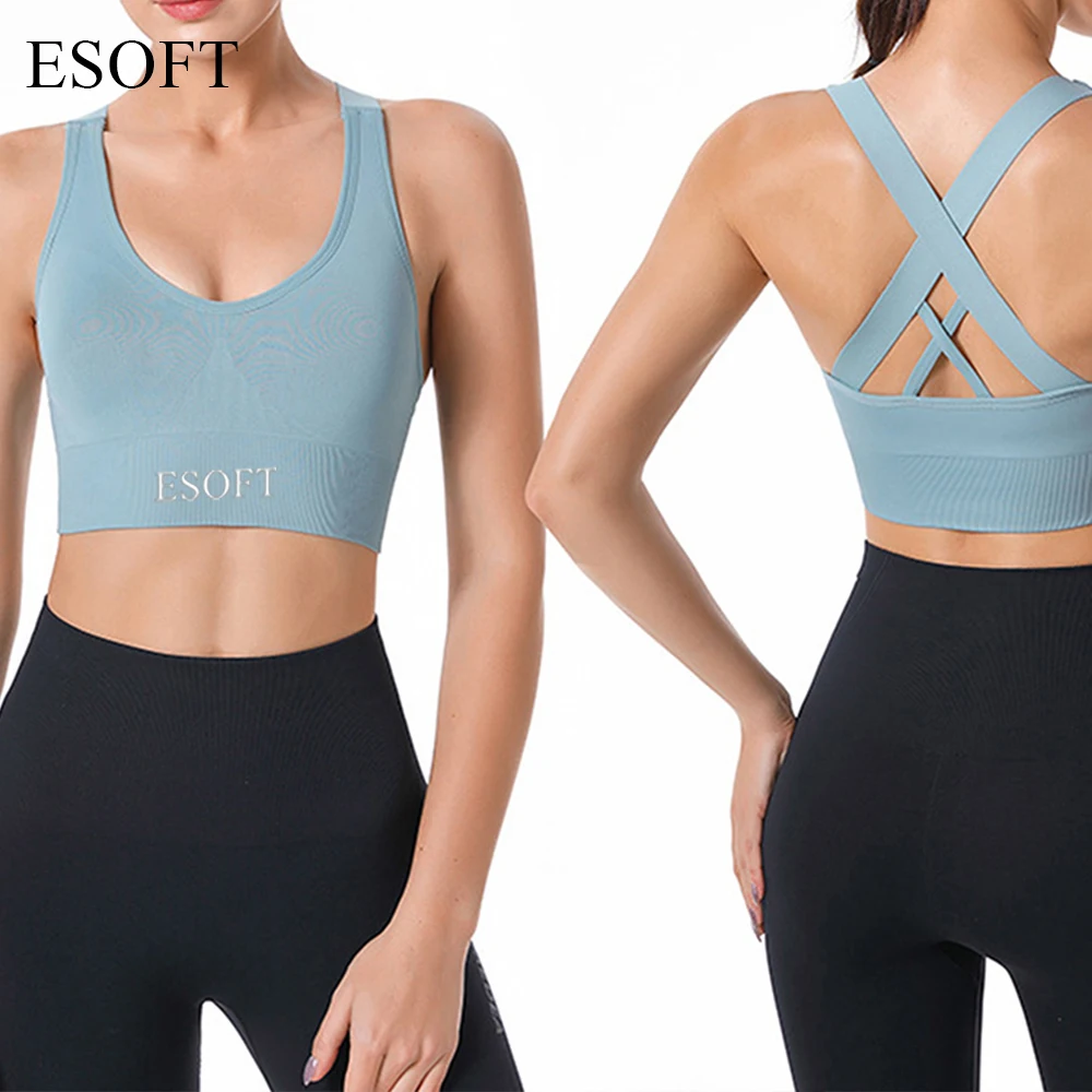 ESOFT Sports Bra for Women Padded Medium Support Criss-Cross Strappy Seamless Yoga Exercise Bras