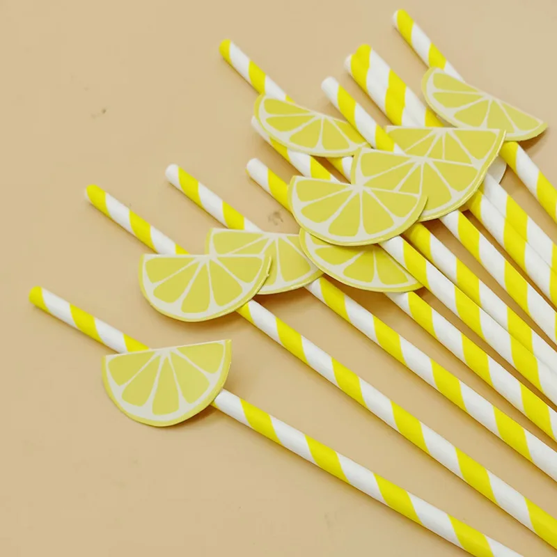 Yellow Lemon Card Disposable Paper Straws For Birthday Party Decoration