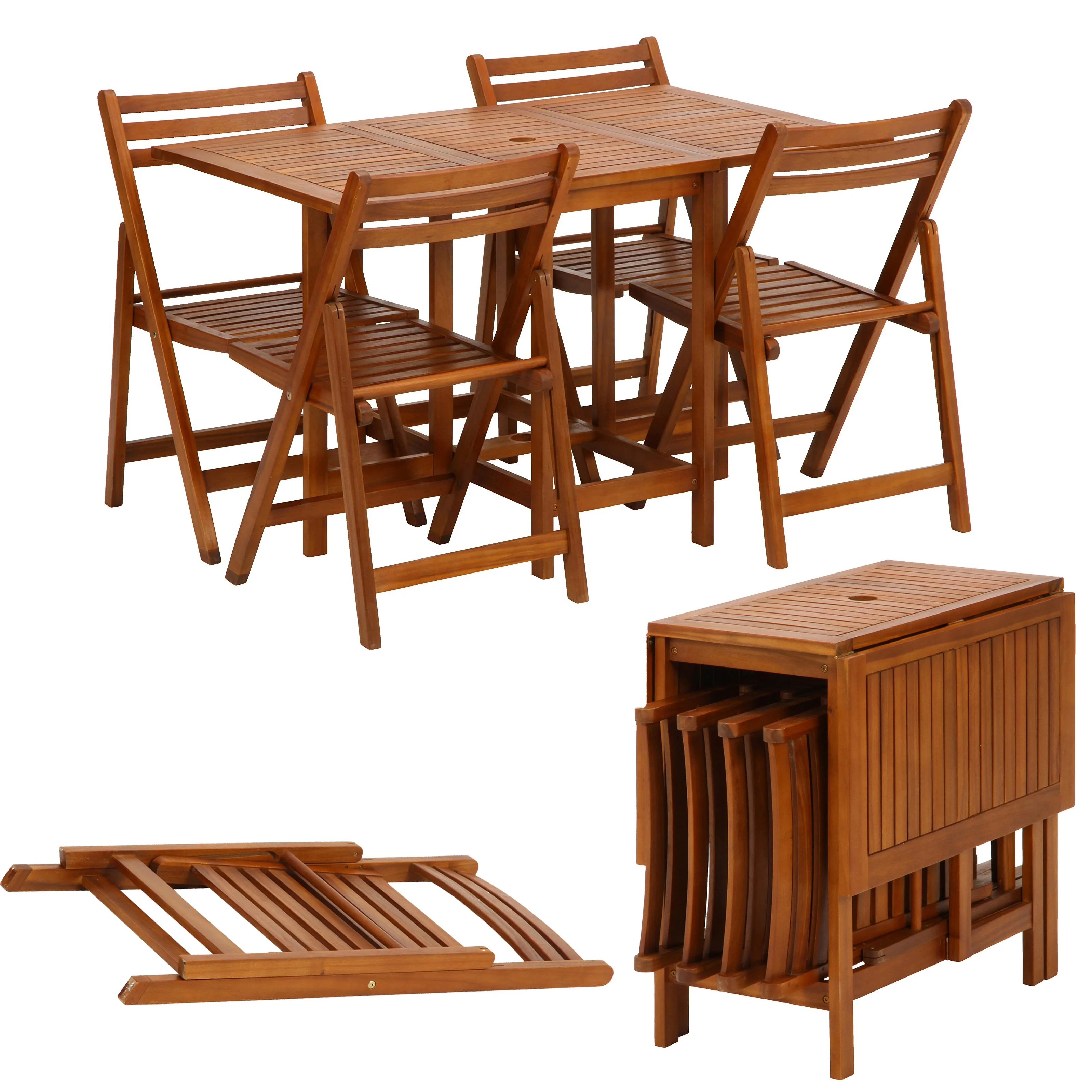 Foldable Garden Wood Folding Table and Chair Set Portable Waterproof Bamboo Wood Dining Table with Chair Sets Indoor Outdoor