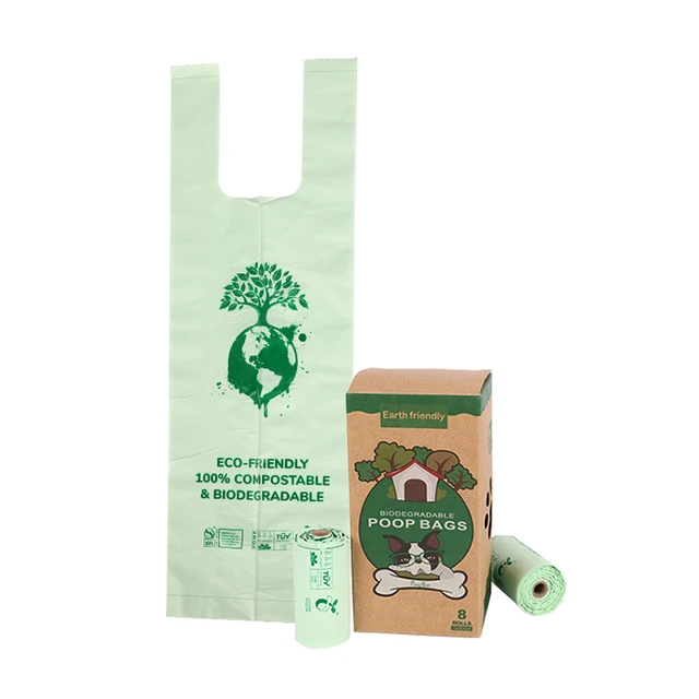 OEM T-Shirt biodegradable unscented hand tie poop bag roll printing custom compostable dog waste poop bag with handle