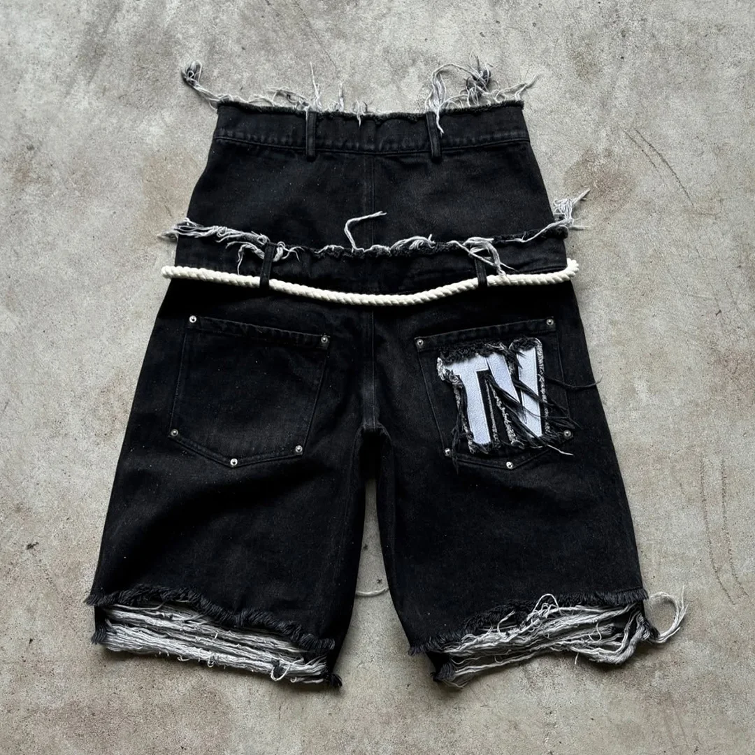 product custom men streetwear flared denim shorts double waist design abrasion distressing embroidered patches rhinestone decoration-2