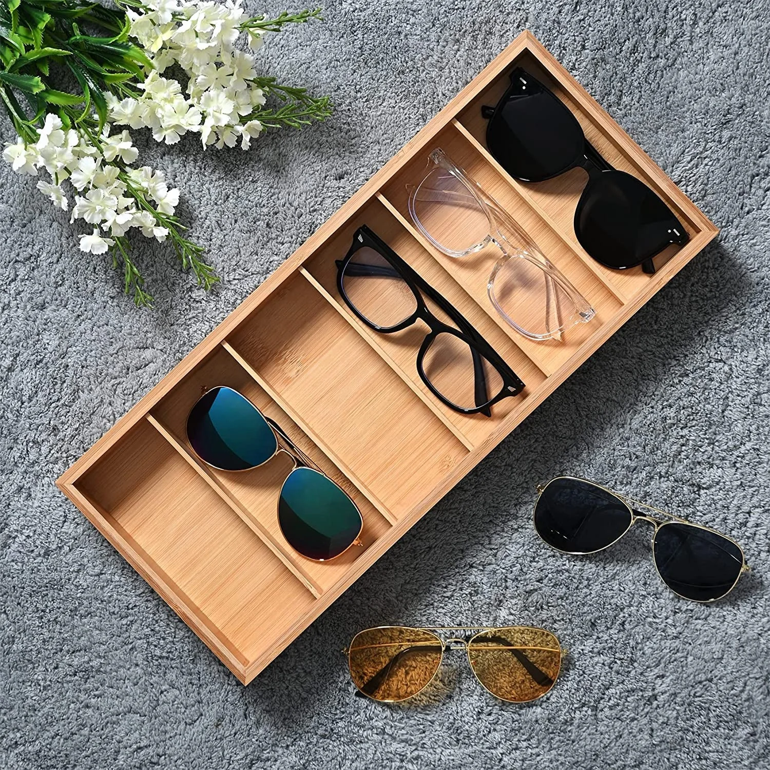 Bamboo Multi Sunglasses Organizer Eyeglasses Display Case Glasses Collection Case  Eyewear Storage Box with 6 Slots