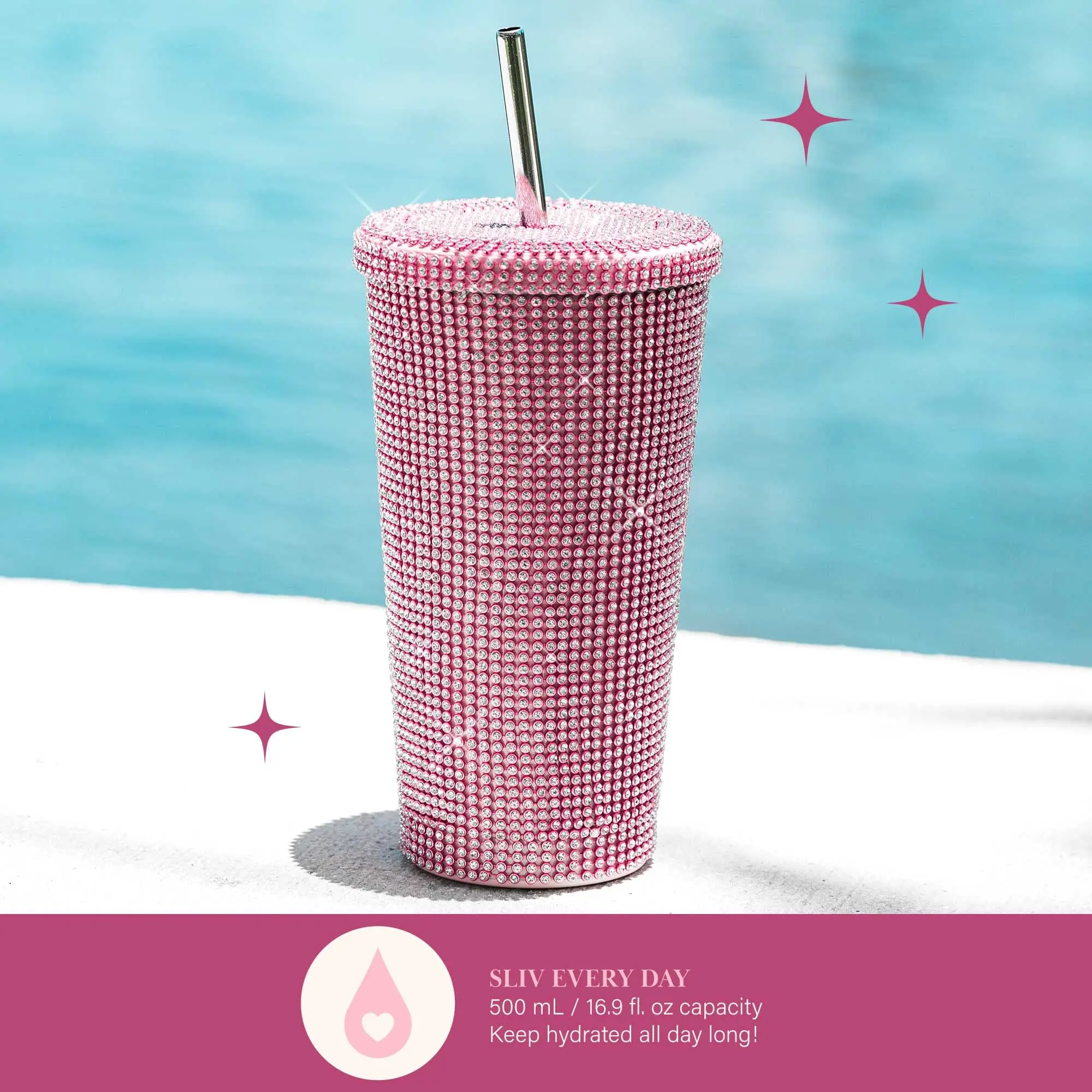 2023 fashion rhinestone shiny double wall stainless steel vacuum insulated tumbler sippy straw cup travel coffee mug