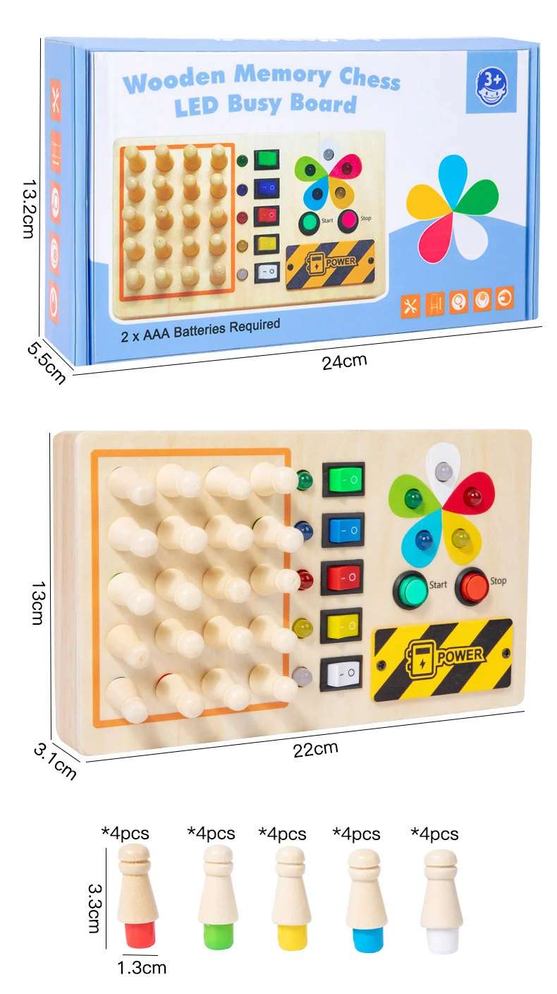 Pädagogisches Gedächtnisschachspiel für Jungen und Mädchen Montessori-Beschäftigungsbrett aus Holz mit 10 LED-Leuchten Kleinkinder-Aktivitäts-Reisespielzeug Herstellung