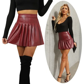 Womens Black Shiny Leather Skirts Y2K Style High Waisted Pleated Shorts Red Bottoms Ruched Dress Skater Skirt