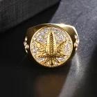 Cz Ring Hip Hop Popular Full CZ Gold Hemp Leaf Stainless Steel Ring For Boys