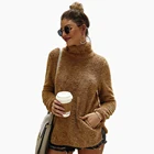 Autumn 2021 Fashion Autumn Women Turtleneck Kitted Casual Loose Plain Pullover Sweater Fall Sweater With Pocket