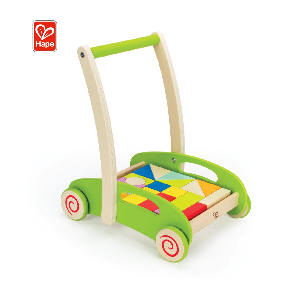 Green Color Tooky Block and Roll Cart Wooden Push and Pull Baby Walker 