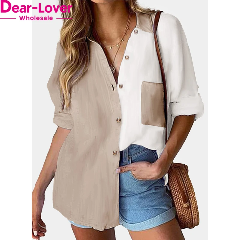 Dear-Lover Private Label Fall 2023 Women Clothes Long Sleeve Colorblock Buttons Ladies Shirts Blouse With Pocket