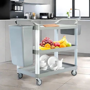 DaoSheng Commercial 3 Tier Restaurant Supply Food Service Trolley Cart With Buckets Available To Collect Food Waste