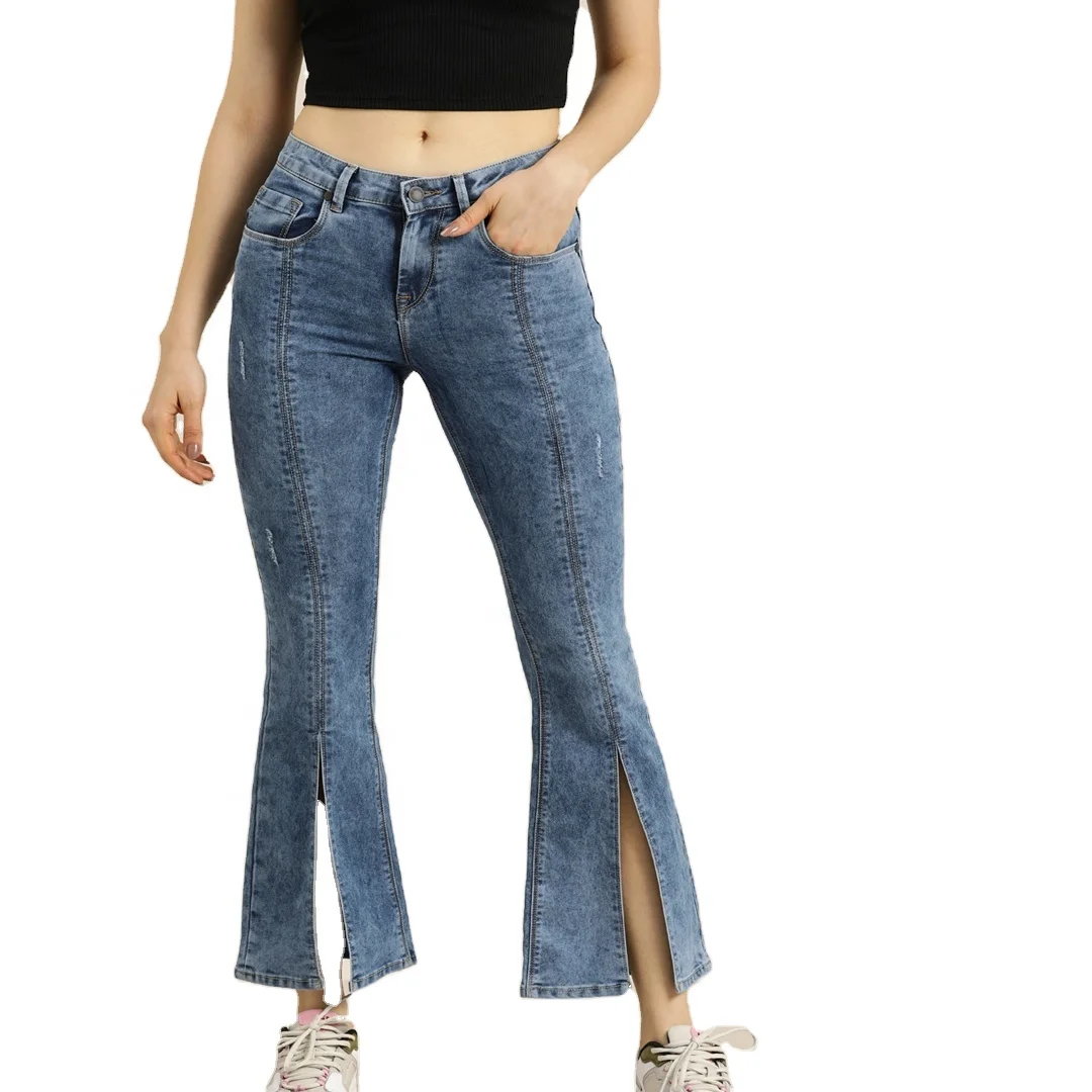 New trending blue pants bootcut stretchy cropped womens jeans with front slit