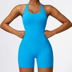 Solid Bodycon Halter Women Short Jumpsuits Skinny Backless Sleeveless Workout Overalls Sportswear One Piece Fitness Jumpsuit