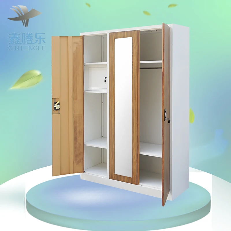 Modern 3-Door Metal Wardrobe Godrej Steel Almirah Closet Cheap Iron Armario De Metal Bedroom Furniture Almari Baju Dewasa