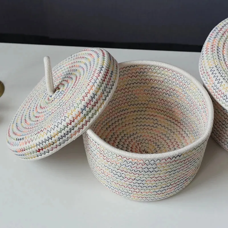 Creative Desktop Sundries Foldable Woven Baskets Organizer Clothes Toy Stackable Cotton Rope Storage Basket with Lid