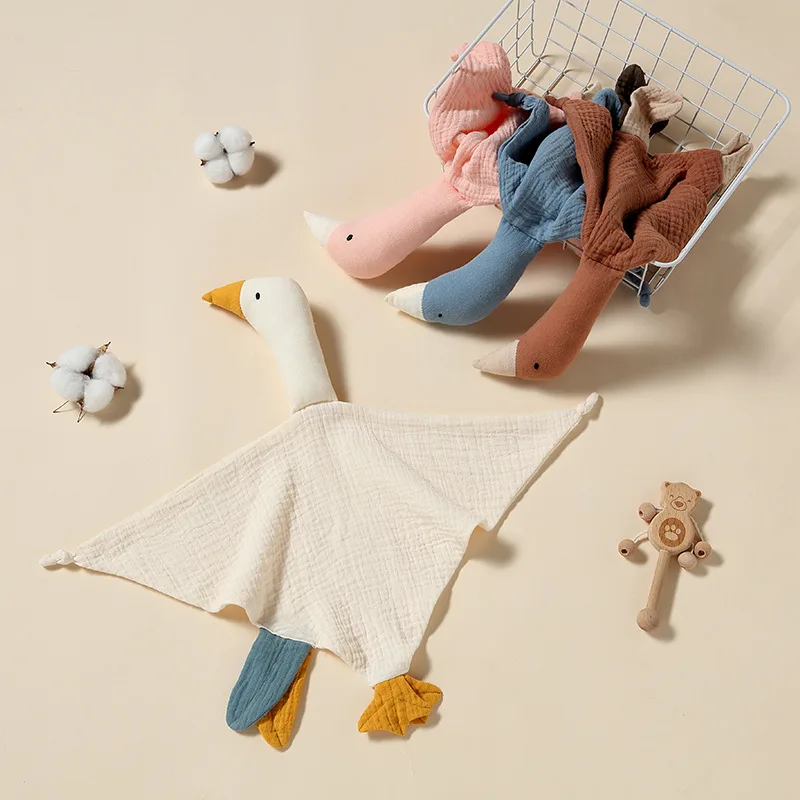 Soft baby lovey unisex muslin snuggle toy newborn lovie soothing towel cartoon goose security blanket