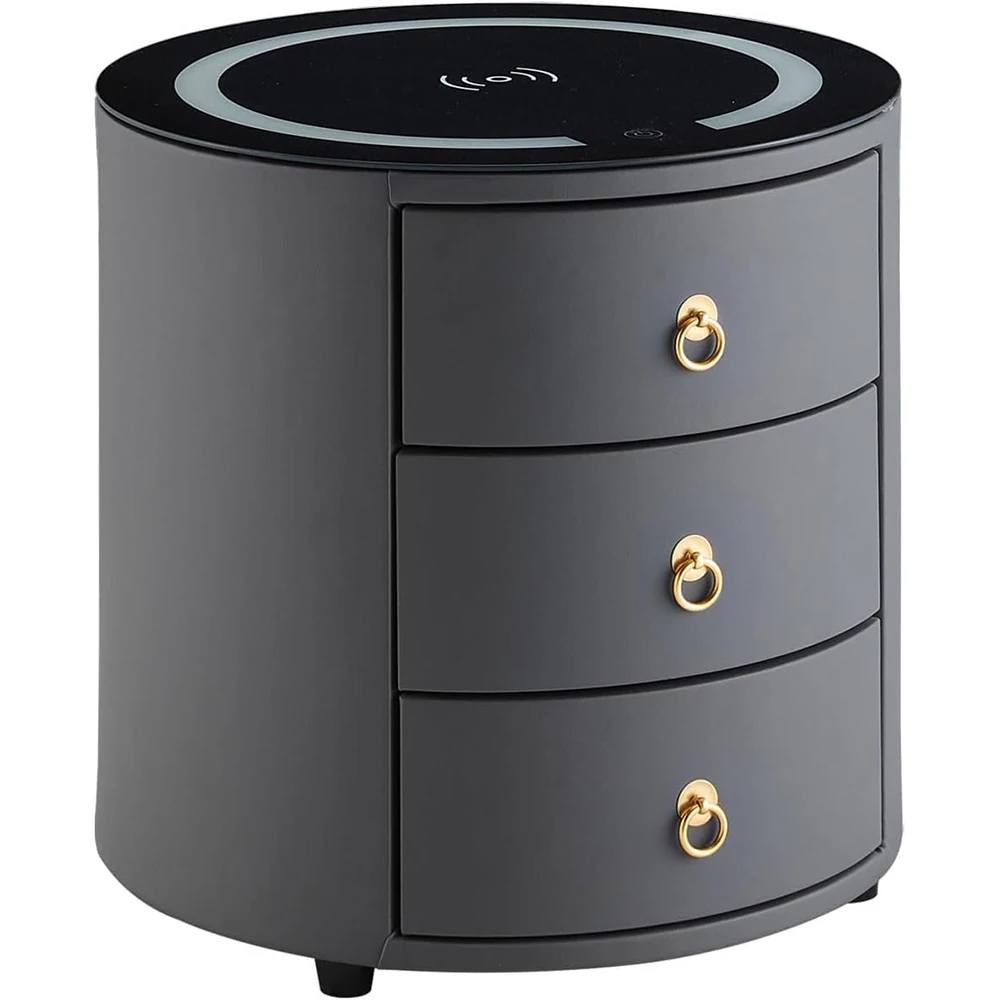 Dark Grey Wood Smart Nightstand with Wireless Charging Station & LED Lights Modern Round 3-Drawer Bedroom Storage Furniture details