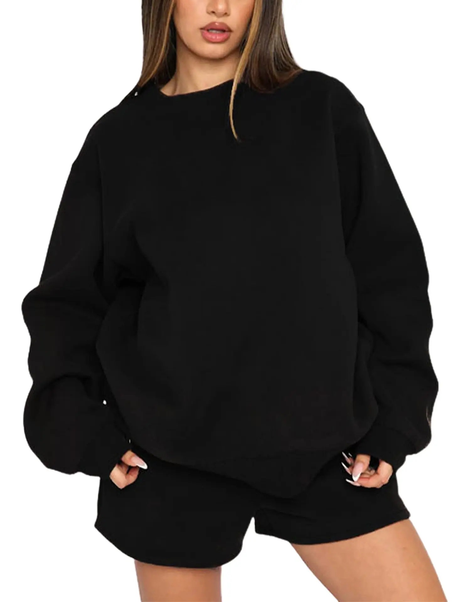 Ying Tang Custom Autumn Hot Sale Pullover Crewneck Plain Loose Casual Fashion Shorts Sweatshirt Set For Women OEM/ODM