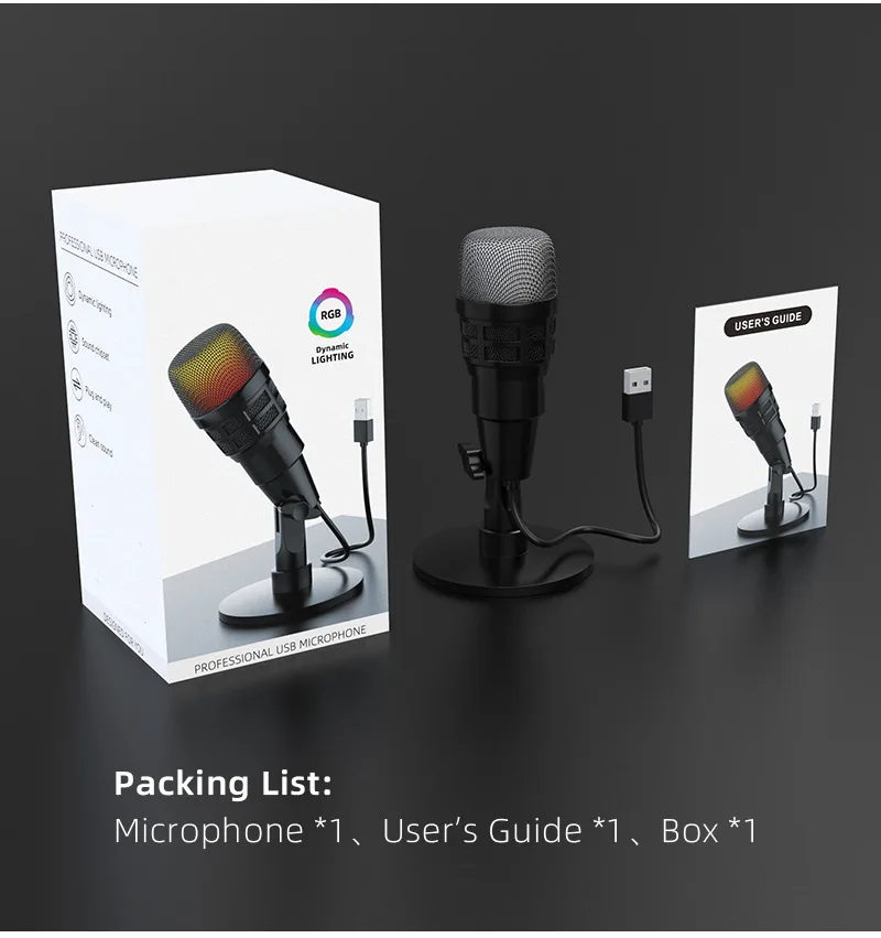computer live broadcast noise reduction recording e-sports RGB capacitor USB microphone cross-border pure English