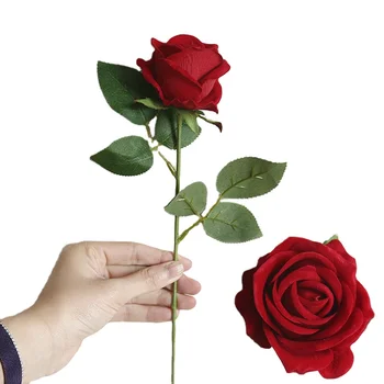 JD HOME Free Sample Artificial Flowers Single Branch Velvet Red Roses Faux Flowers Wedding Decoration