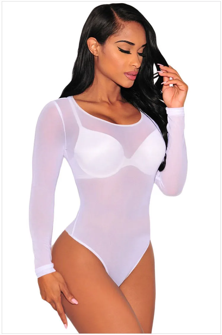 Sexy pajamas high and round neck long-sleeved  lingerie tight mesh see-through one-piece fall women clothing bodysuit