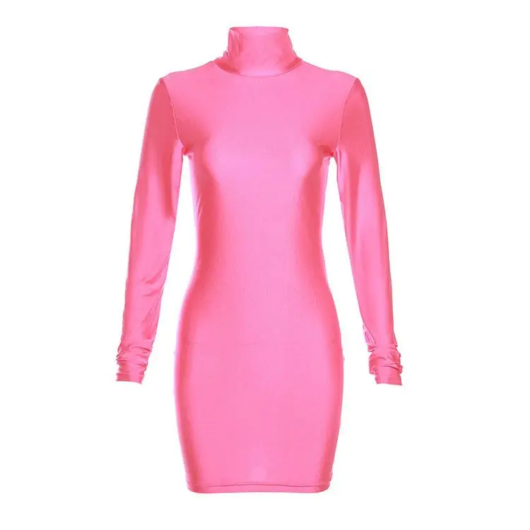Summer New Sexy Casual High Neck Solid Stretch Long Sleeve Bodycon Dress