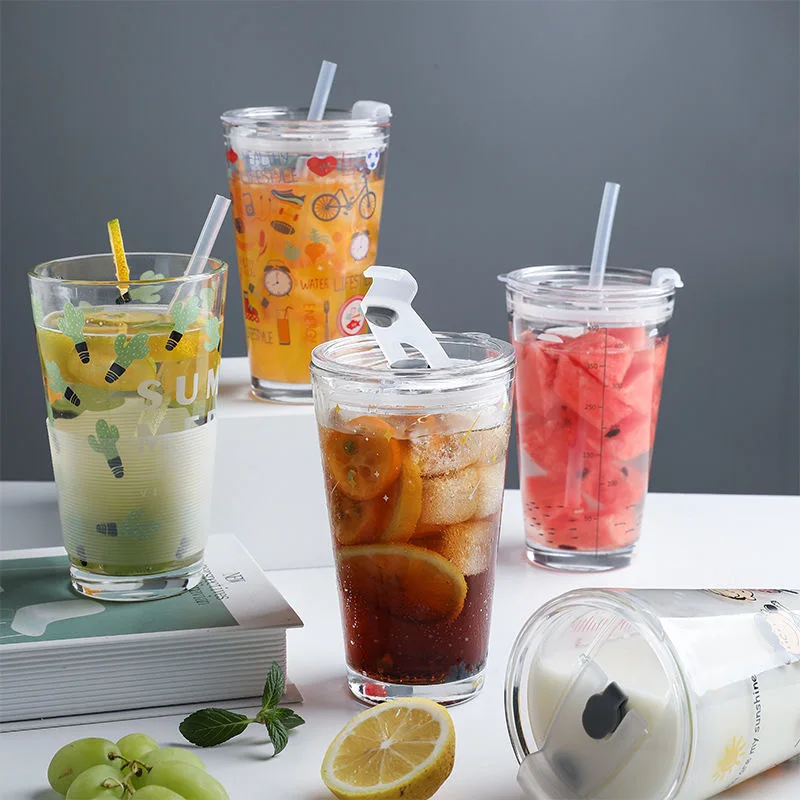 Manufacturer OEM logo and color clear drinking glass cup with straw for children or adults glass cup with lid